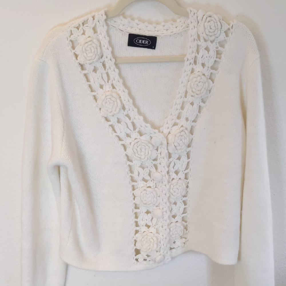 Cider White Cardigan Floral Crochet feminine Fairy Soft spring L